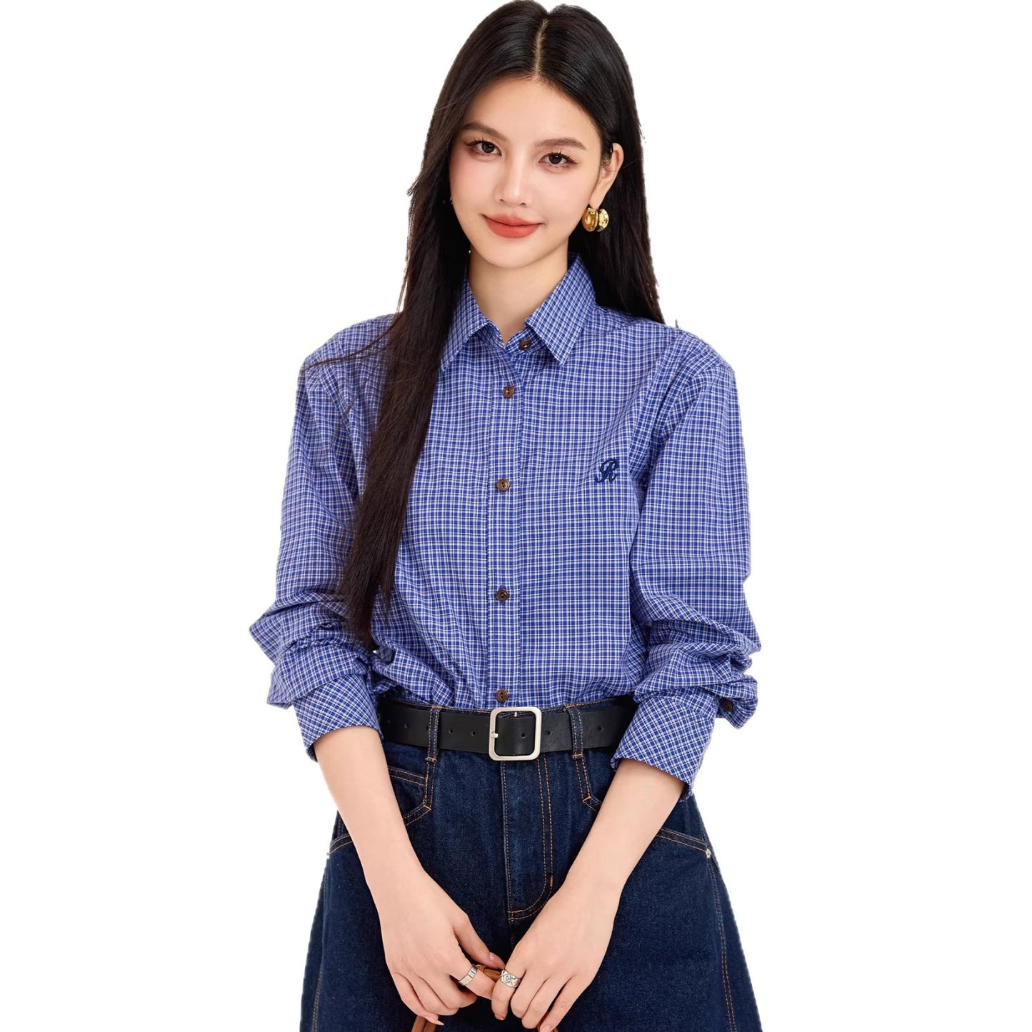 Vintage Versatile MIU-inspired Blue Checkered Shirt for Women Casual and Elegant Blouse