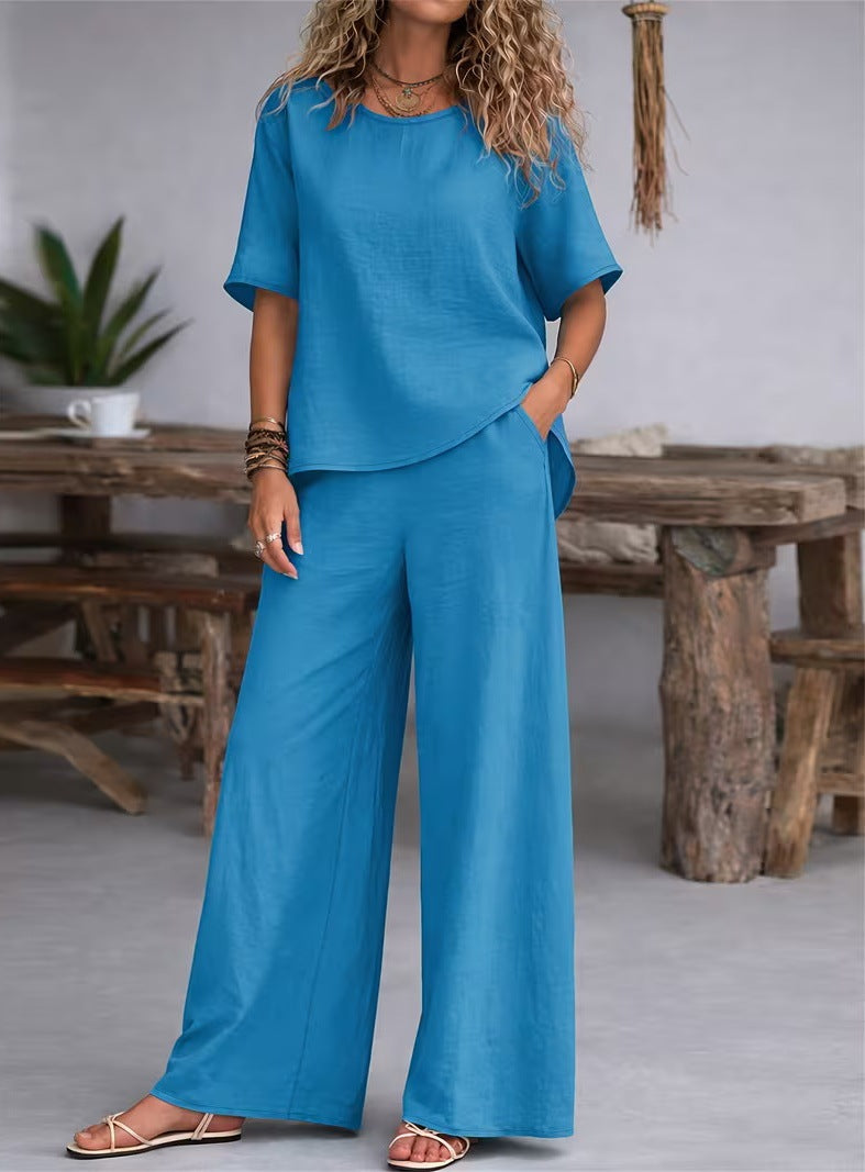Casual Loose Rich Style Wide-Leg Pants Linen-Cotton Two-Piece Set for Women
