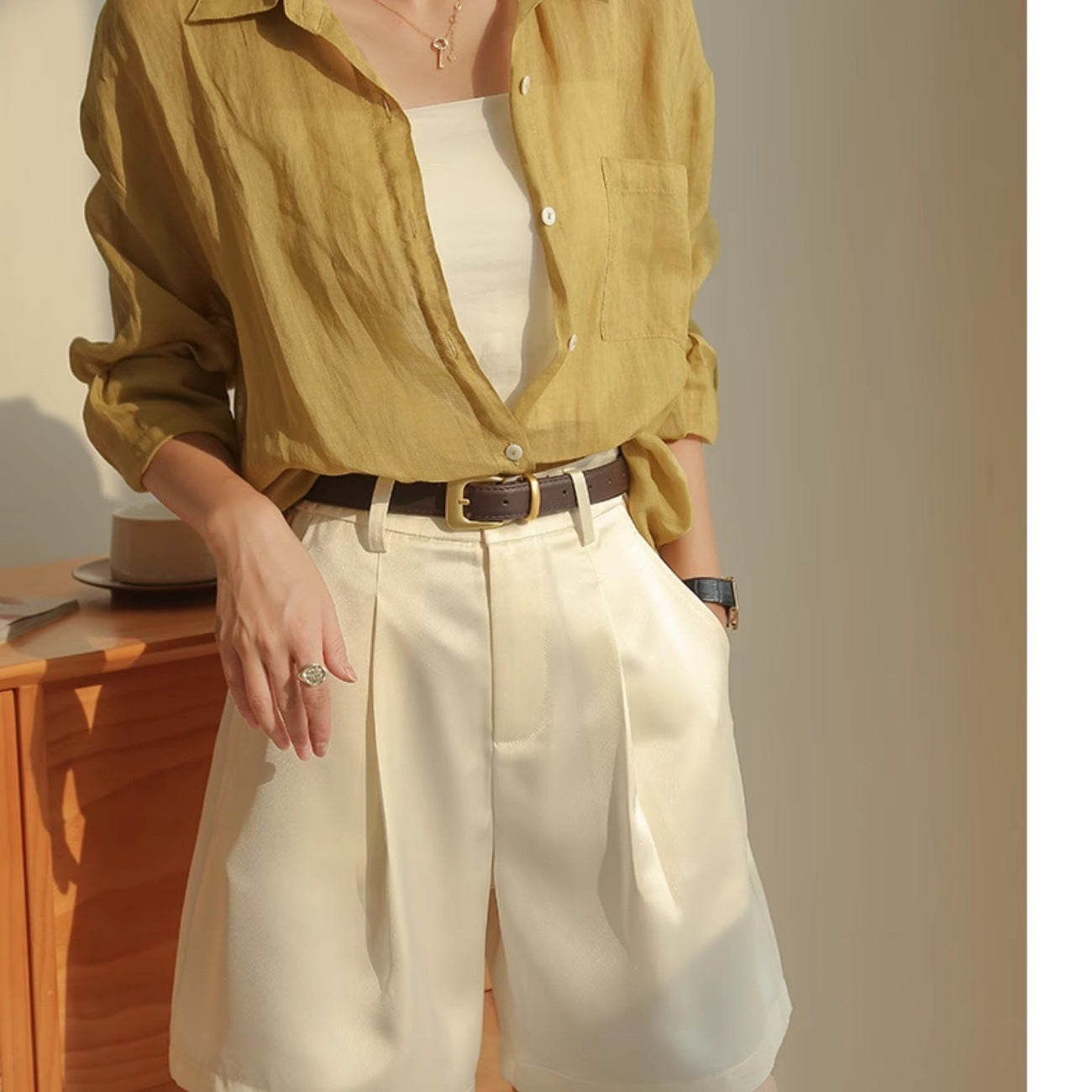 Yellow Ramie Shirt for Women Long Sleeve Lightweight Casual Blouse