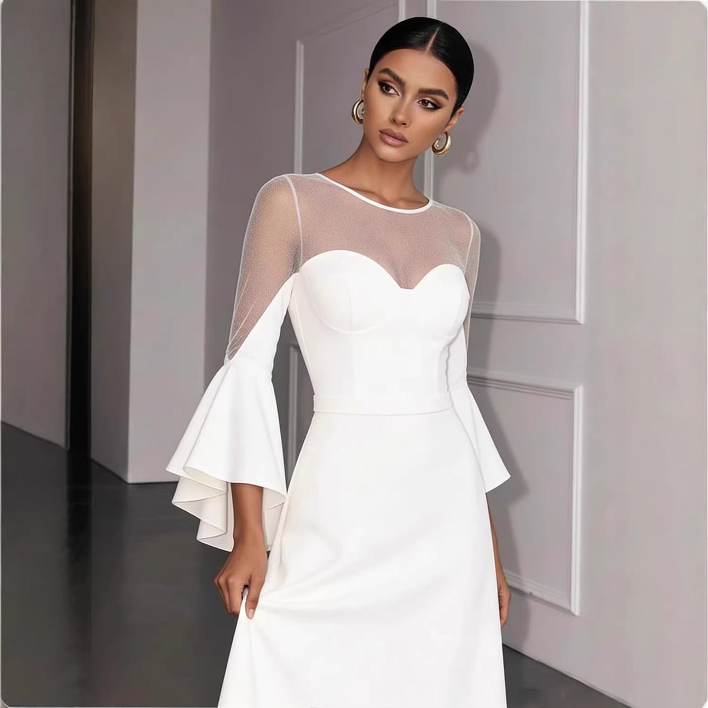 White Long Sleeve Wedding Dress, Slim Fit, Backless Design Evening Gown