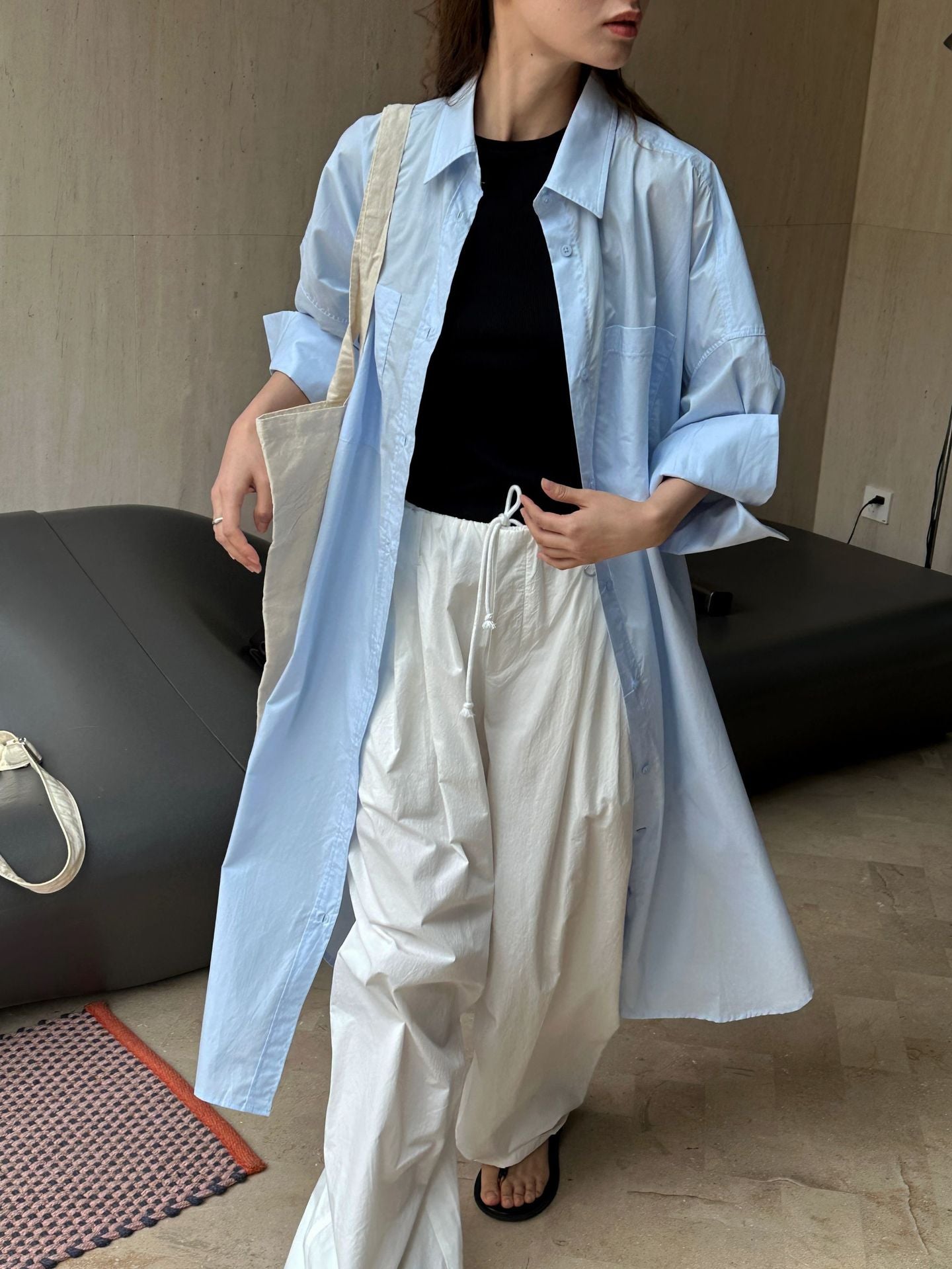 Blue shirt casual slimming mid length top for women