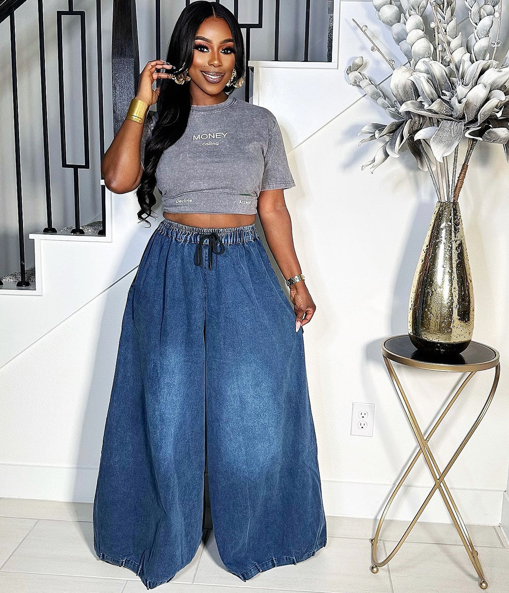 Women's Loose Denim Pants Street Casual Elastic Waist Wide Leg Jeans