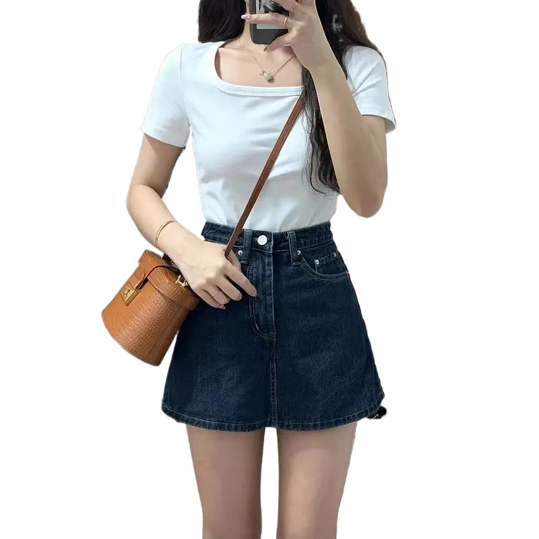 Retro Denim Mini Skirt for Women High Waist Plus Size Tummy Hiding Hip Concealing Slimming A-Line Half Skirt Pants