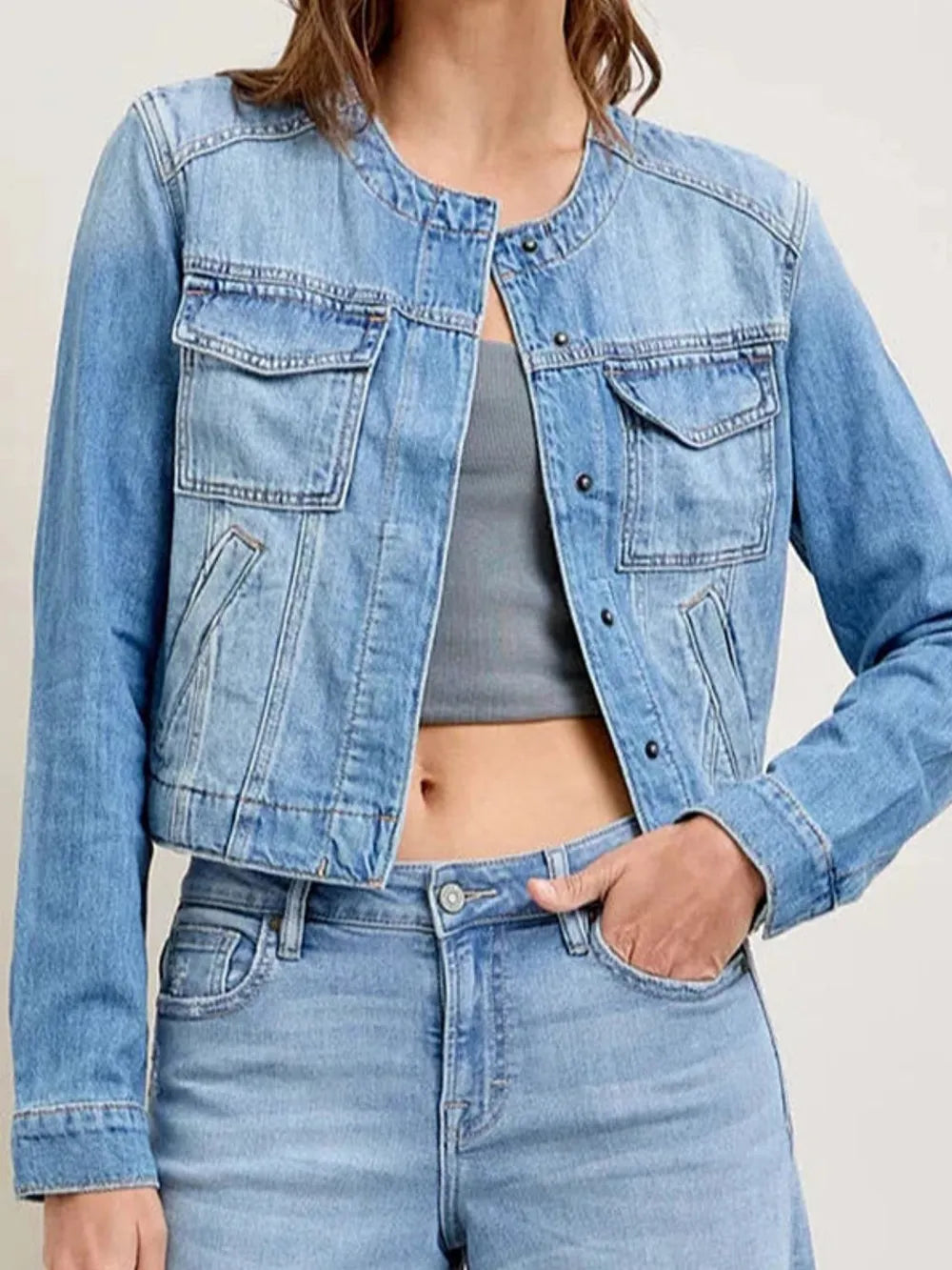 Slim fit short collarless long sleeved denim jacket retro multi pocket workwear jacket 