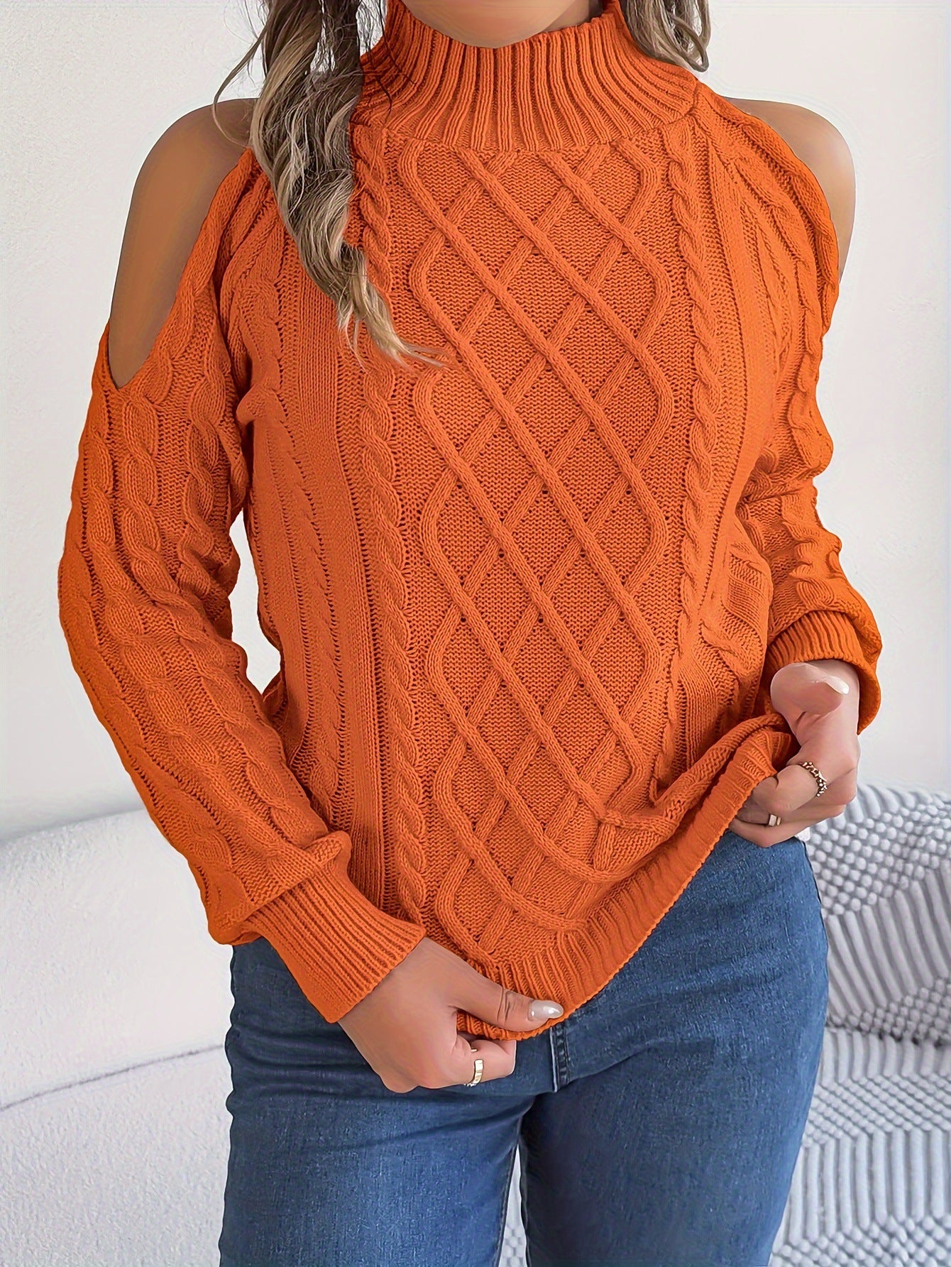 Women's autumn and winter casual warm twisted off-shoulder half-high collar long-sleeved pullover sweater