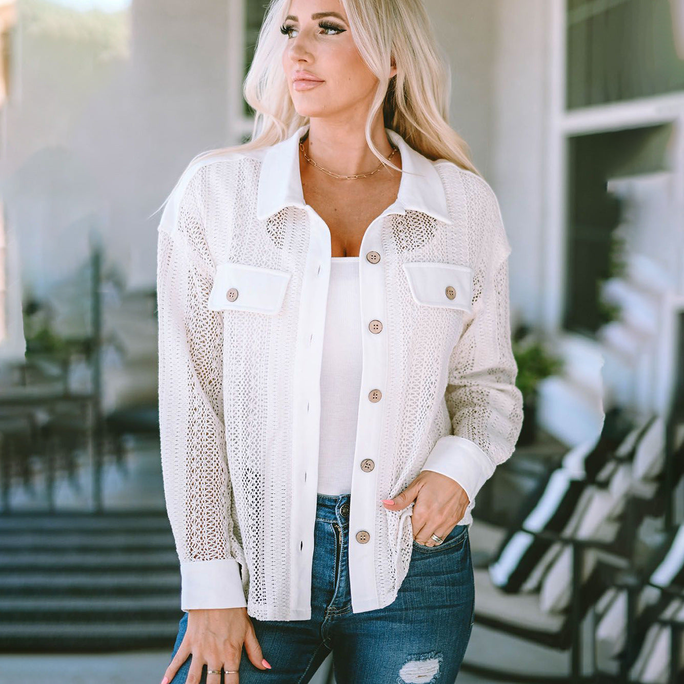 Lace-Up Long Sleeve Buttoned Shirt Loose Casual Unique Blouse Jacket for Women