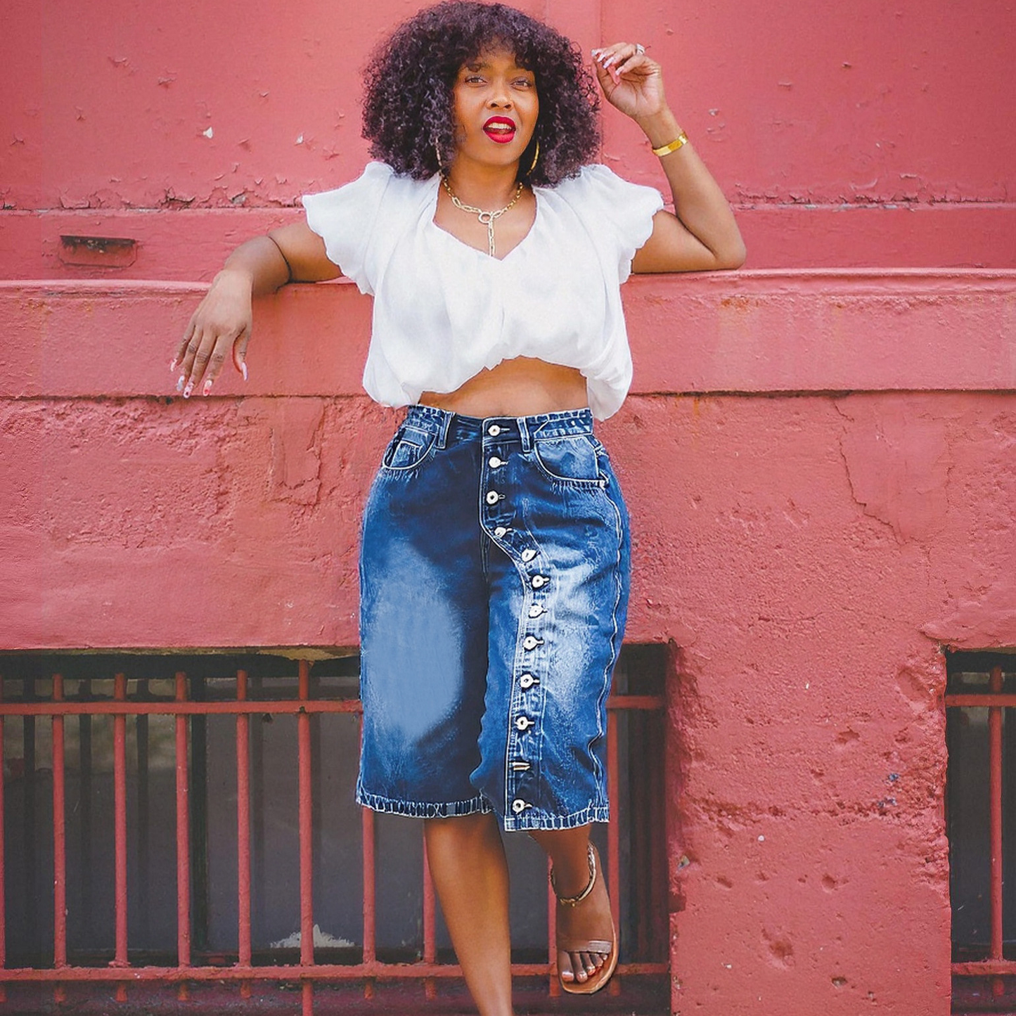 High-Waisted Five-Pocket Denim Shorts with Multiple Buttons