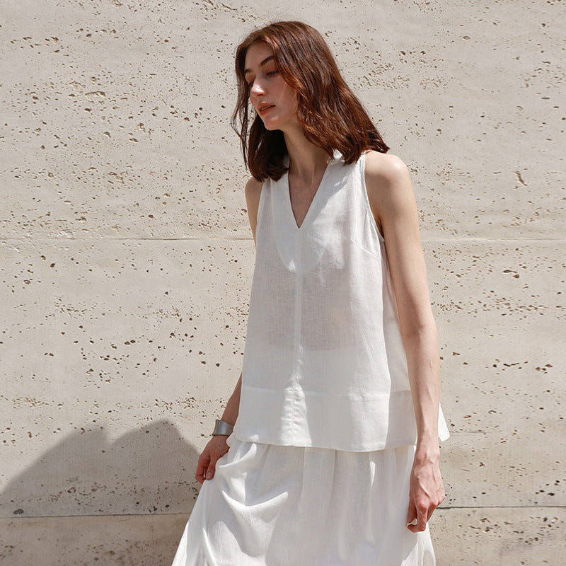 Linen V-Neck Halter Tank Top for Women Summer Vacation Strapless Blouse Tee