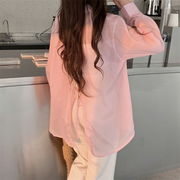 Casual Women's Lightweight Summer Blouse with Back Tie Detail, Sheer Sun Protection Shirt, Loose Bohemian Style