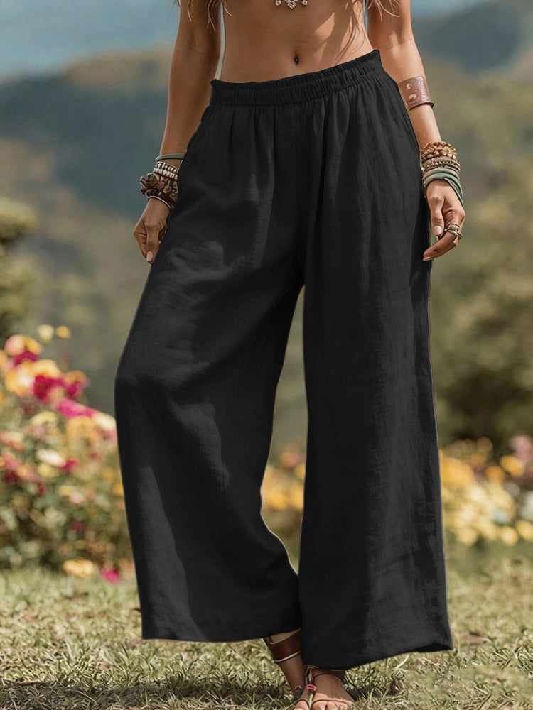 Loose Side Pocket Elastic Waist Cotton Linen Wide Leg Pants for WomenCasual Fashion Bottoms