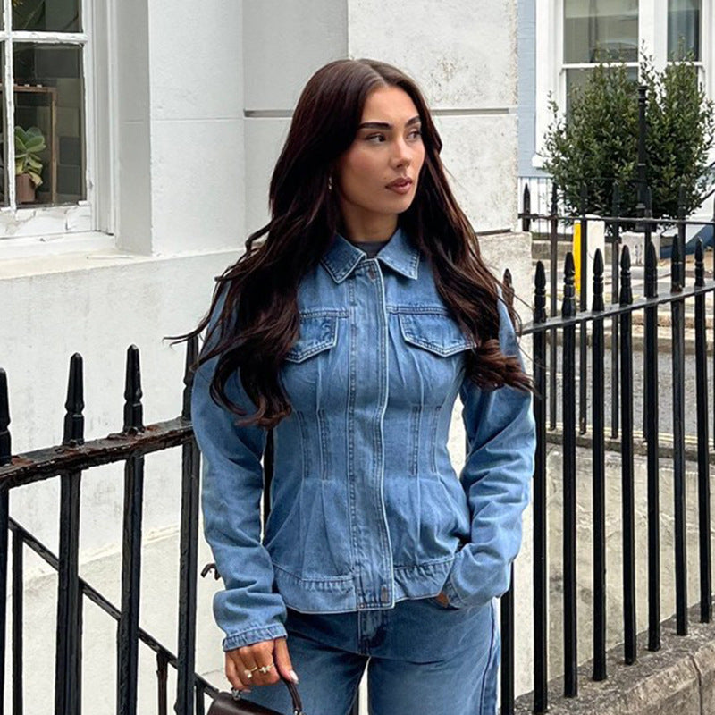 Pocket denim zipper solid color jacket