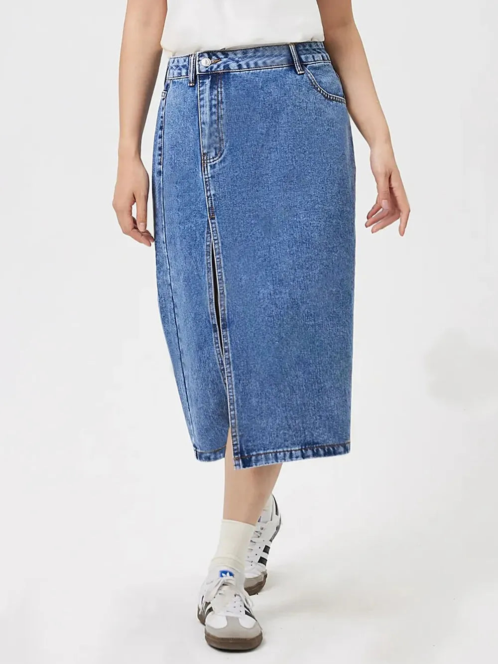 High waisted hip hugging split denim skirt