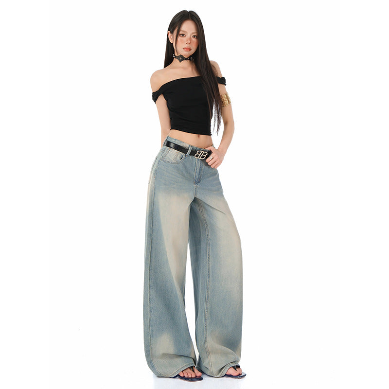 Tencel Wide-Leg Jeans Women Retro Vintage Popular Loose Straight Floor-Length Denim Pants