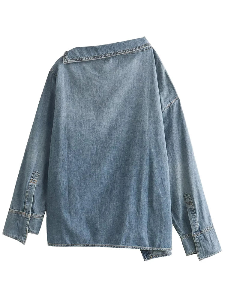 Solid Casual Denim Blouses For Women Diagonal Collar Long Sleeve Patchwork Single Breasted Irregular Shirts Female Fashion