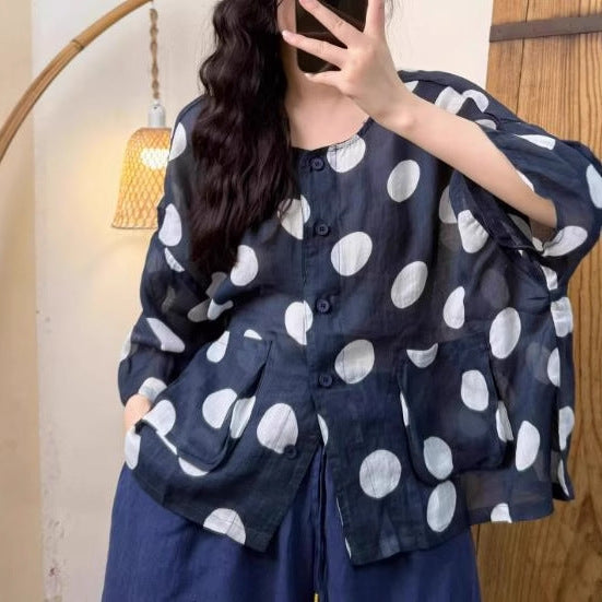 Casual Versatile Polka Dot Hemp Round Neck Buttoned Batwing Sleeve Blouse for Women