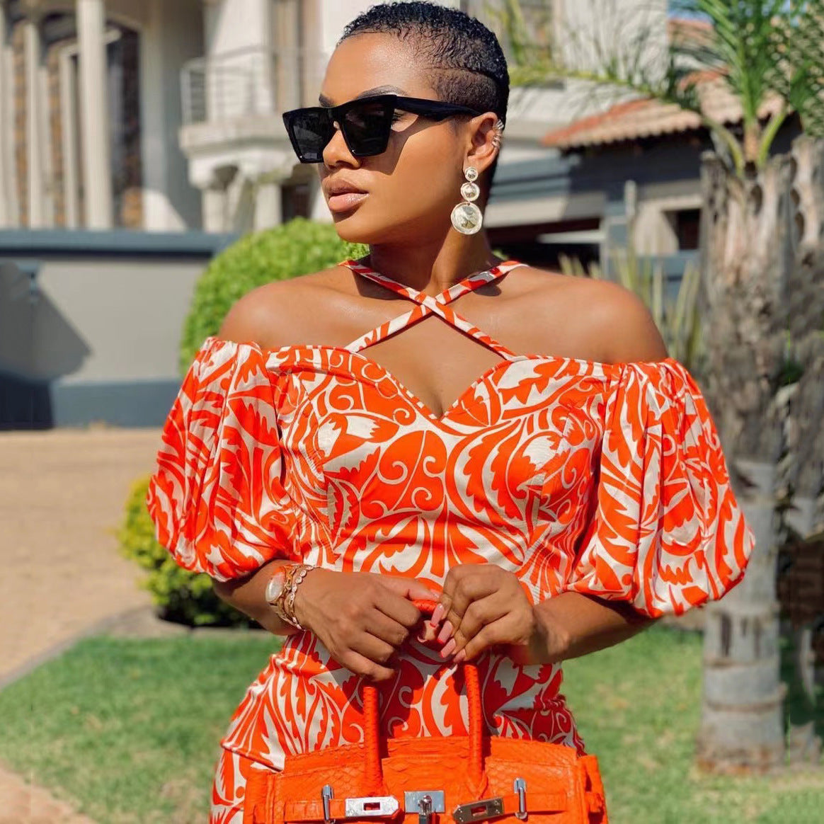 Printed V-Neck Backless Split Maxi Dress for Women