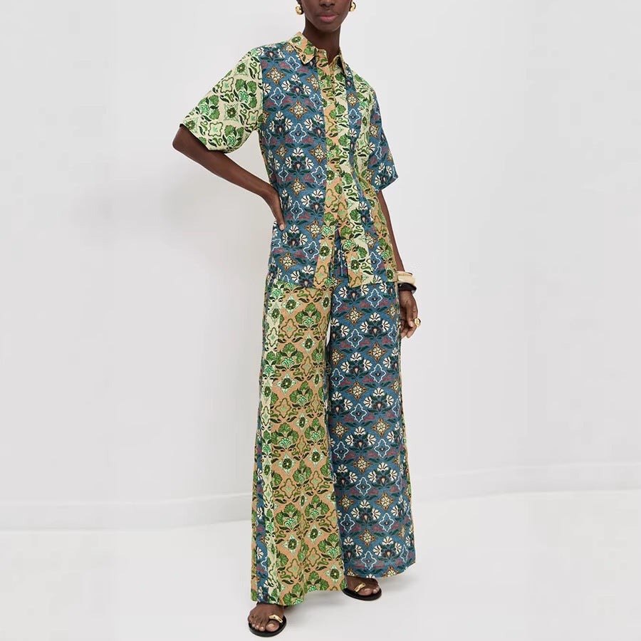 Fashionable Print Short Sleeve Set for Women, Loose Beach Style Pants with Pocket Casual Summer Outfit