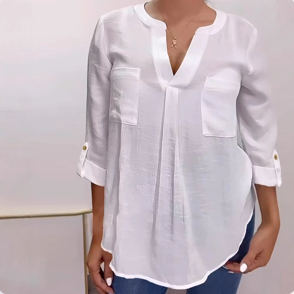 Women's White V-neck Back Buttoned Long-sleeved Blouse