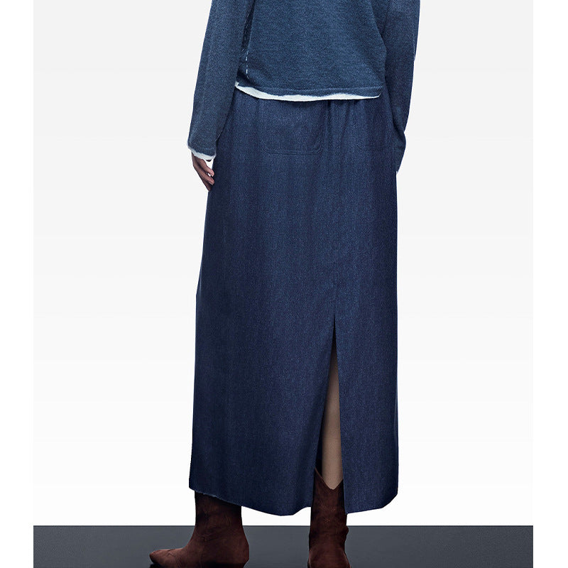 Casual Straight-Leg Vintage High-Waisted Unique Denim Maxi Skirt with Elastic Waist, Slimming Design