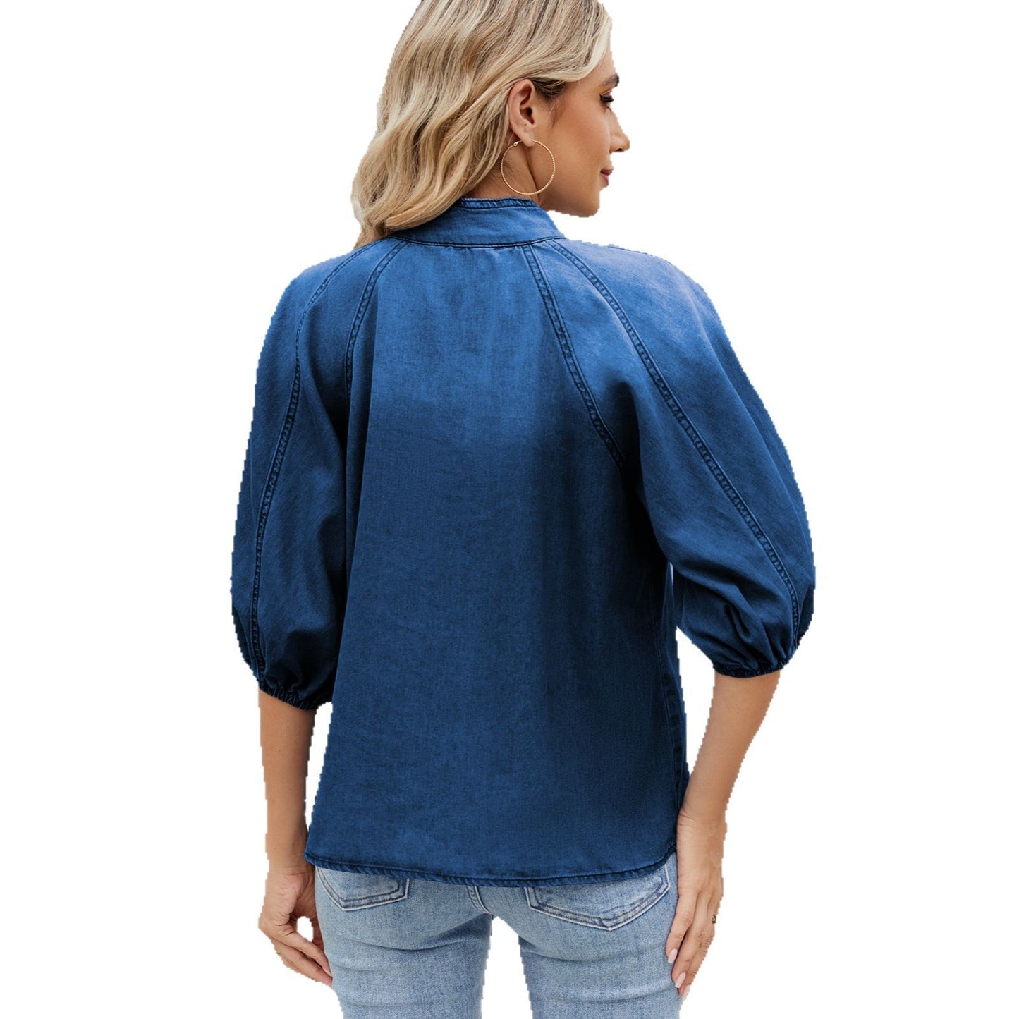 European and American loose collar tied denim shirt with bow top for women