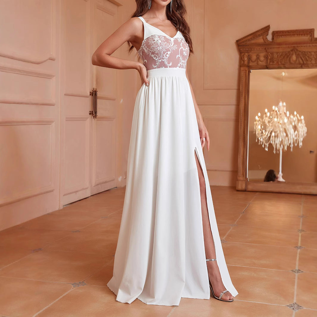 Solid color backless long dress, lace white sexy slit evening gown