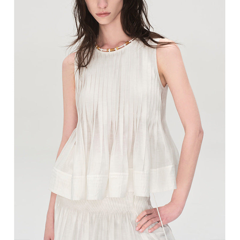 Elegant Ruffled Lace Sleeveless Blouse for Women with Round Neck and Beaded Decoration