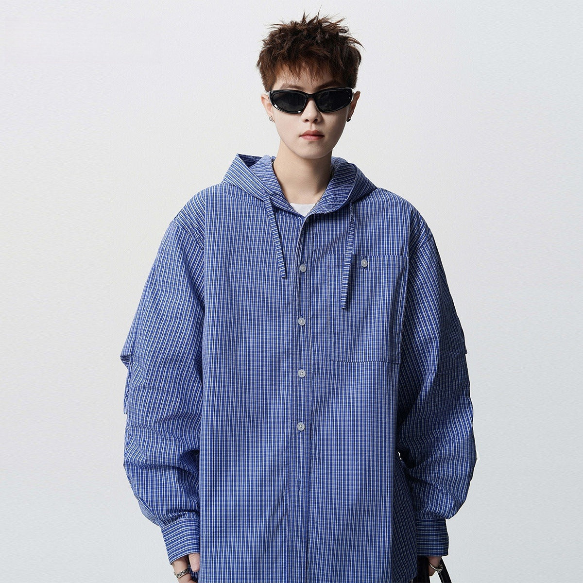 Checkered hooded long sleeved sunscreen shirt casual shirt jacket