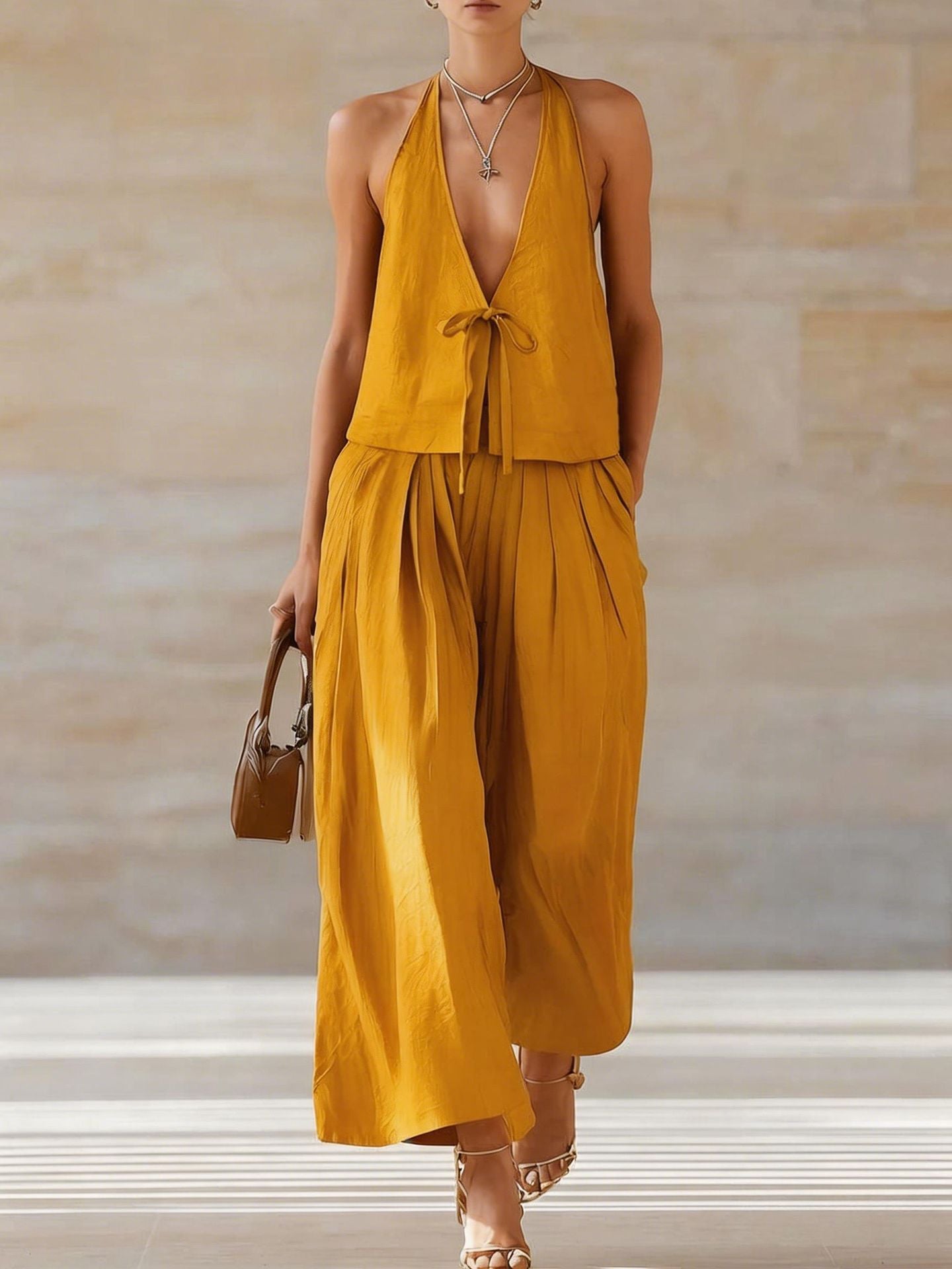Style Solid Color Sleeveless Casual Loose Fit Two-Piece Set Tank Top amp Wide-Leg Pants Women's Outfit