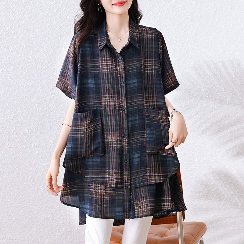 Plus Size Women's Summer Fashion Versatile Plaid Chubby MM Elegant Shirt Loose Belly Covering Slimming Blouse