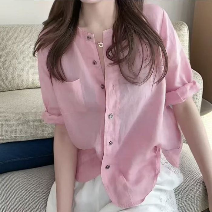 Elegant Solid Color Shirt Women Summer Loose Fit Flattering Slimming Casual Simple Mid-Sleeve Blouse Women