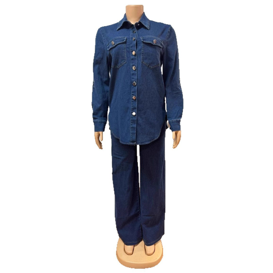 Fashionable Vintage Denim Shirt with Turn-Down Collar Long Sleeve Top and Straight Leg Pants Set for Women