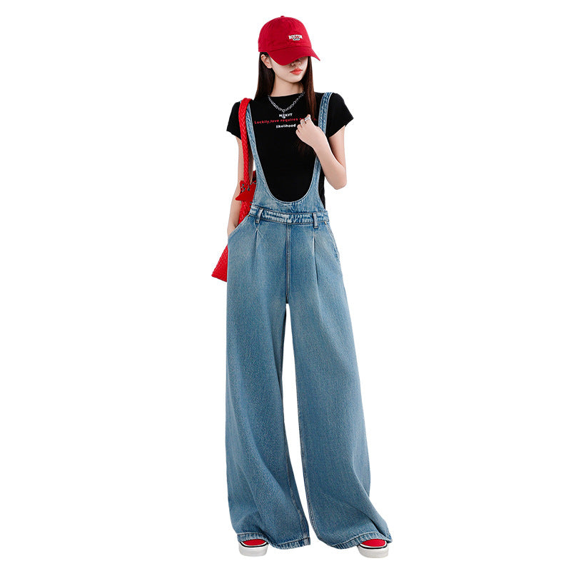 Blue Wide-Leg Denim Overalls Women Loose Fit Relaxed Casual Style Strap Jumpsuit