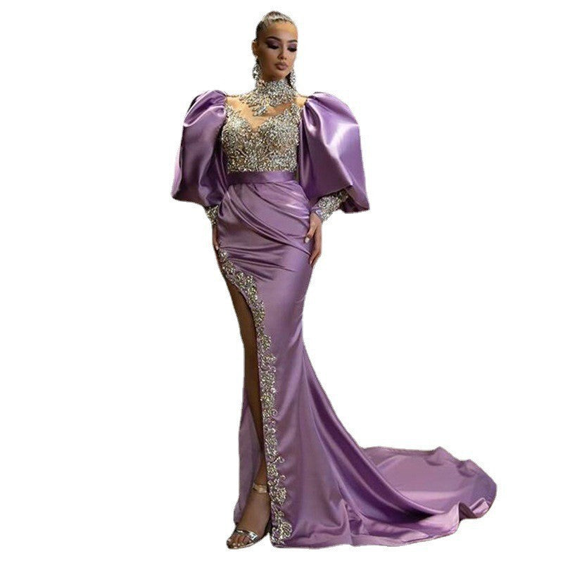 Elegant Gold-Sprinkled Evening Gown with Princess Sleeves, Fitted Bodycon, Long Dress