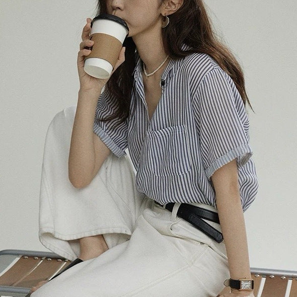 Breathable Ramie Short Sleeve Shirt Elegant High-end Blouse