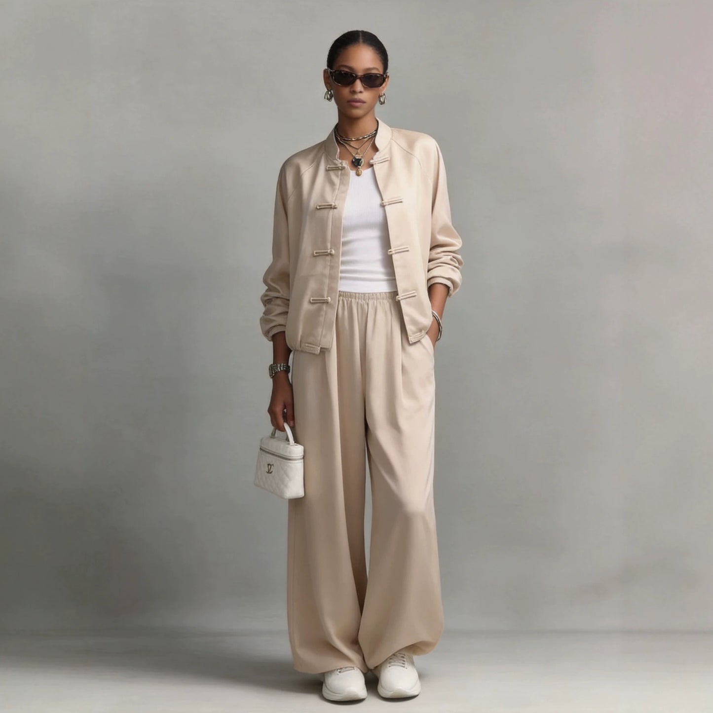 Satin set with hanging wide leg pants and drawstring two-piece set