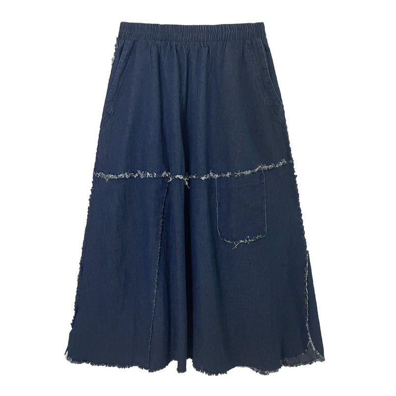 High Elastic Waist Blue Denim Burr Long Casual Vintage Half-body Skirt Women Fashion Tide New Spring Autumn