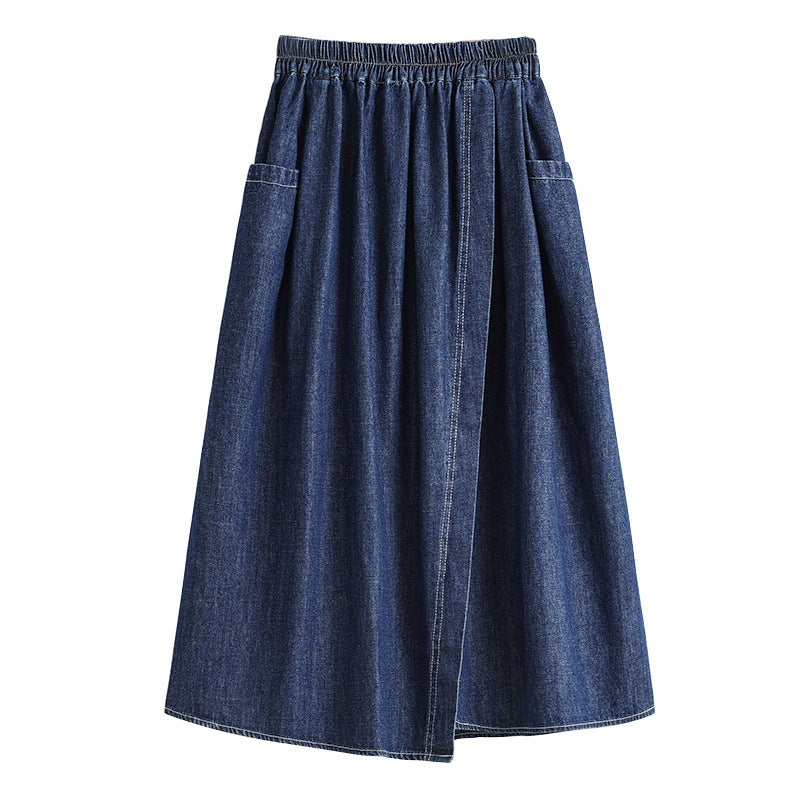 Artistic plus size high waisted denim skirt for women, loose and slimming Korean version, split back mid length design