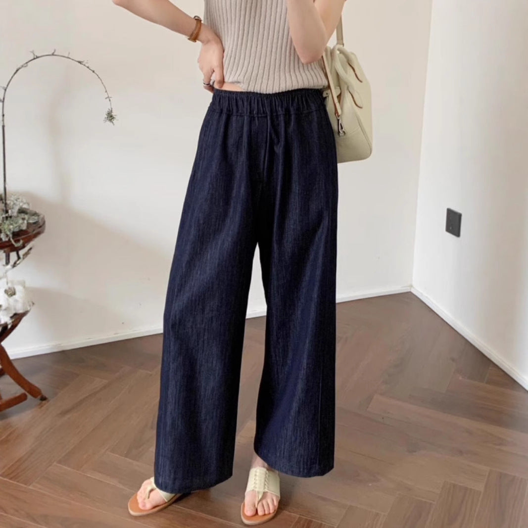 Deep Blue Lightweight Tencel Denim Pants Summer Elastic Waist Loose Fit Straight Leg Casual Pants for Women