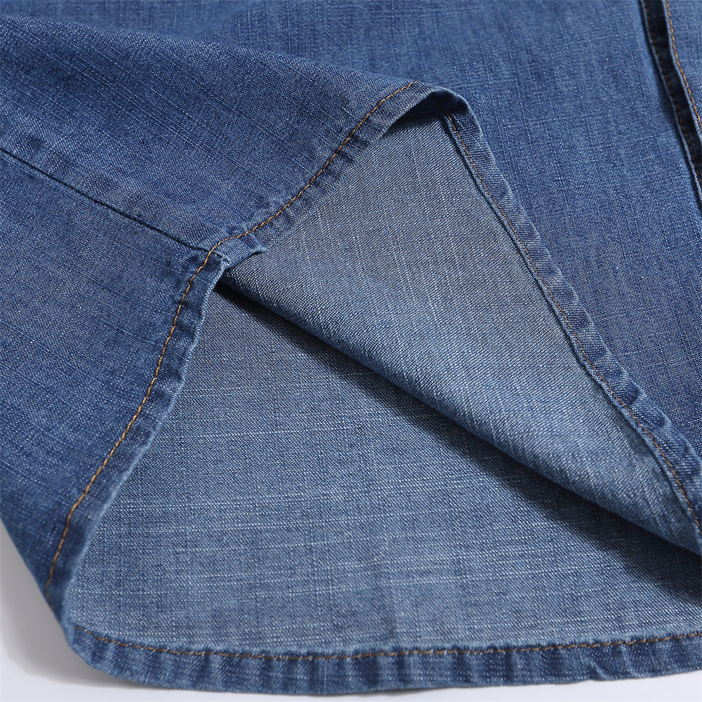 Solid color loose long sleeved denim shirt