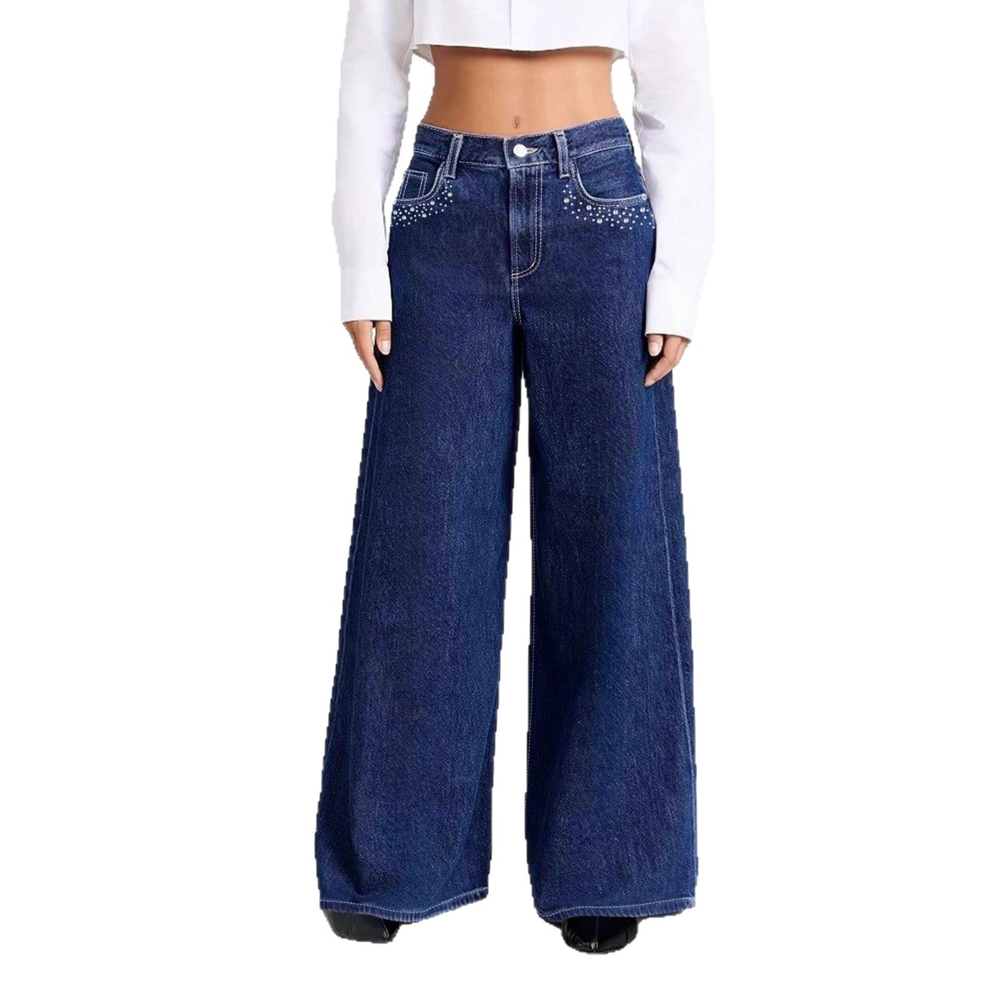 Denim Pants Women Rhinestone Pocket Wide Leg Long Pants