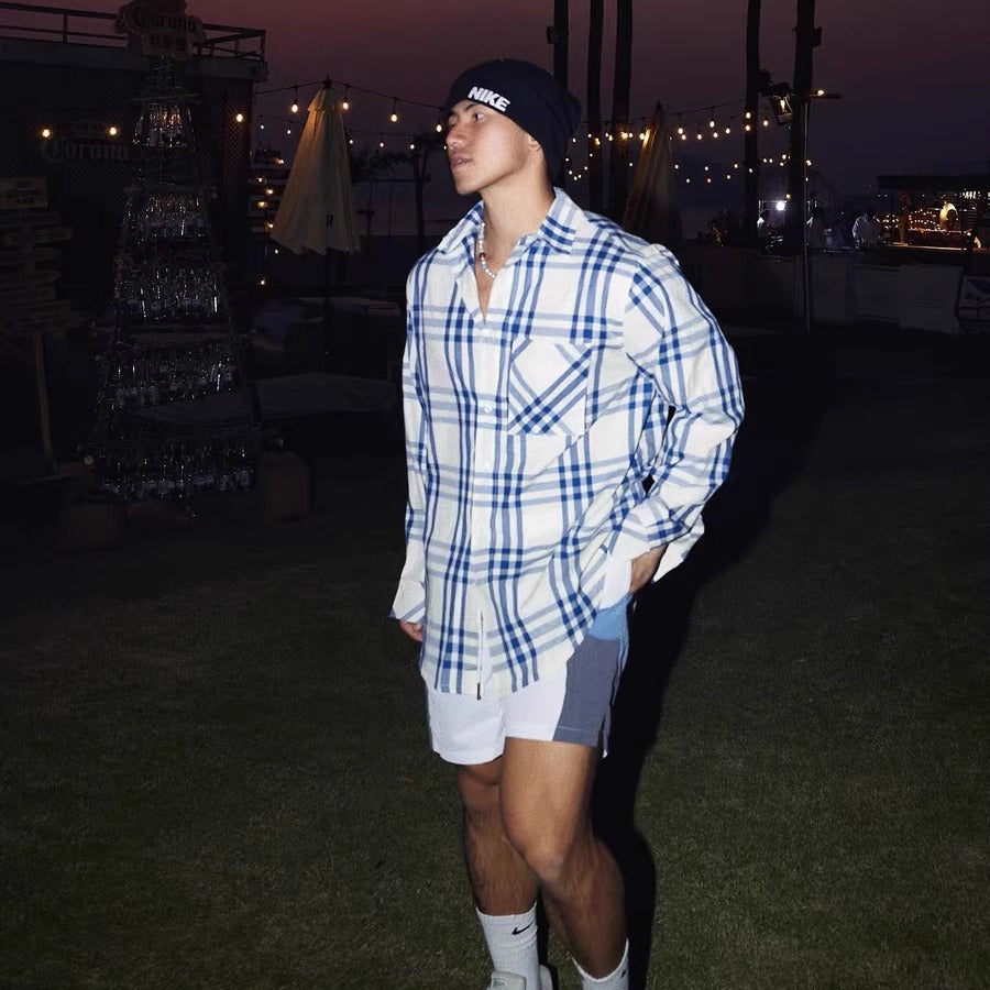 Blue checkered long sleeved shirt for men