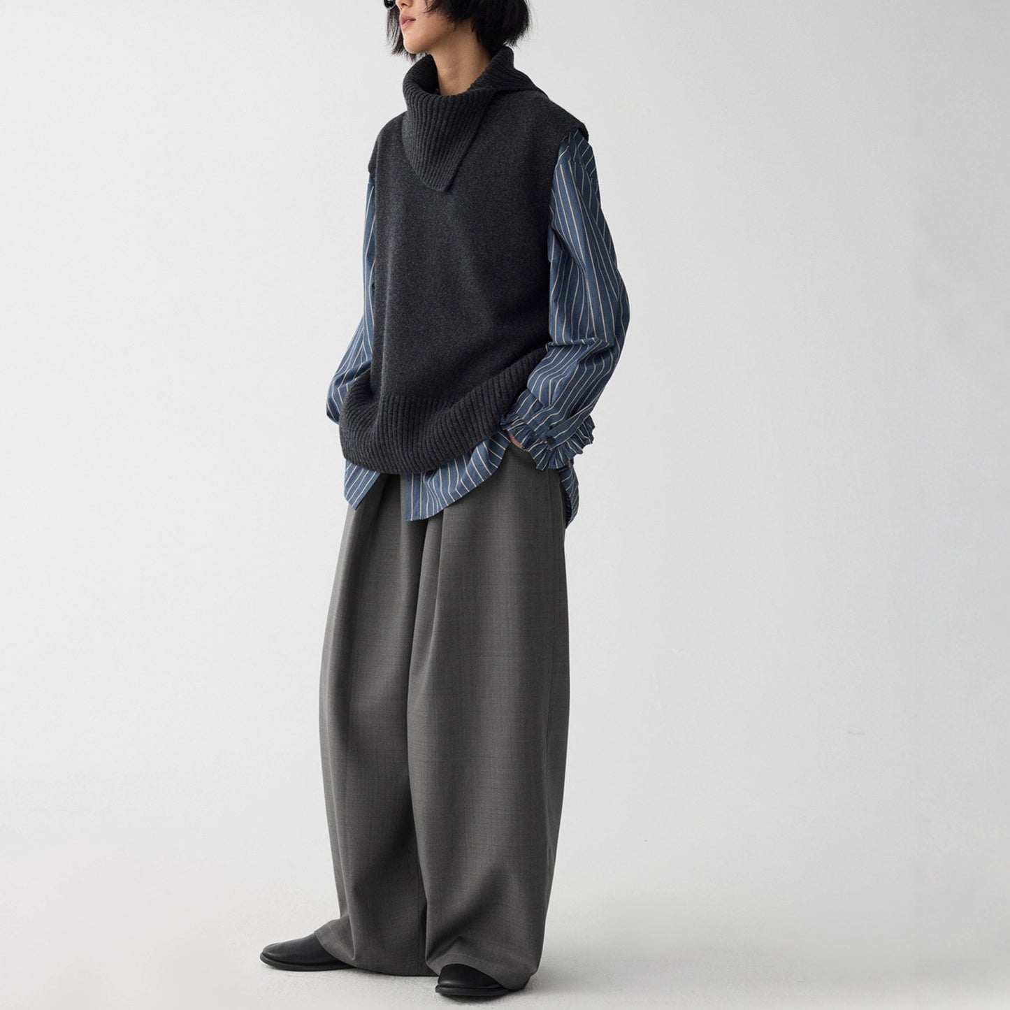 Blue Dream Woven Deep Blue Stripe Double Layer Collar Tie Shirt Top