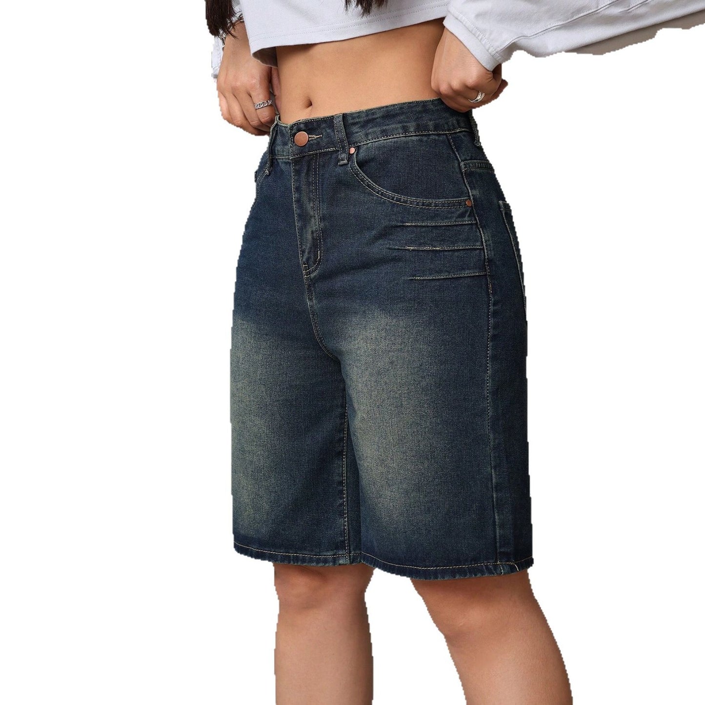 Vintage Washed Denim Shorts for Women Blue Fashion Loose Mid-Length Pants