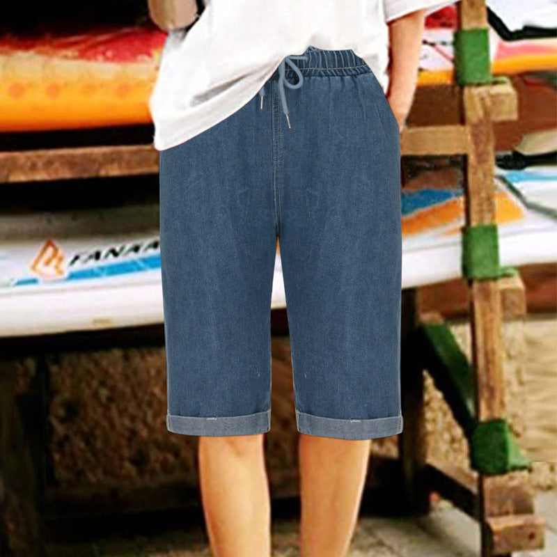 Straight elastic waistband drawstring five quarter pants denim shorts