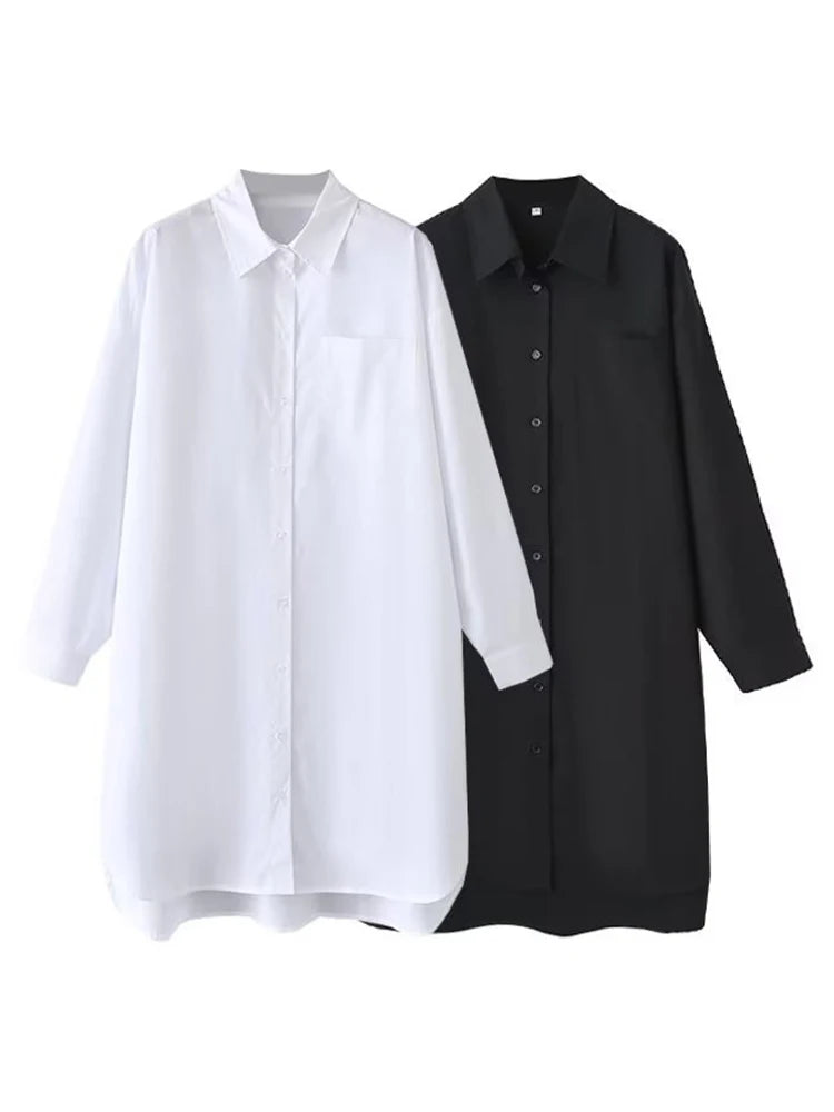 Women's collar long sleeved loose long single breasted shirt