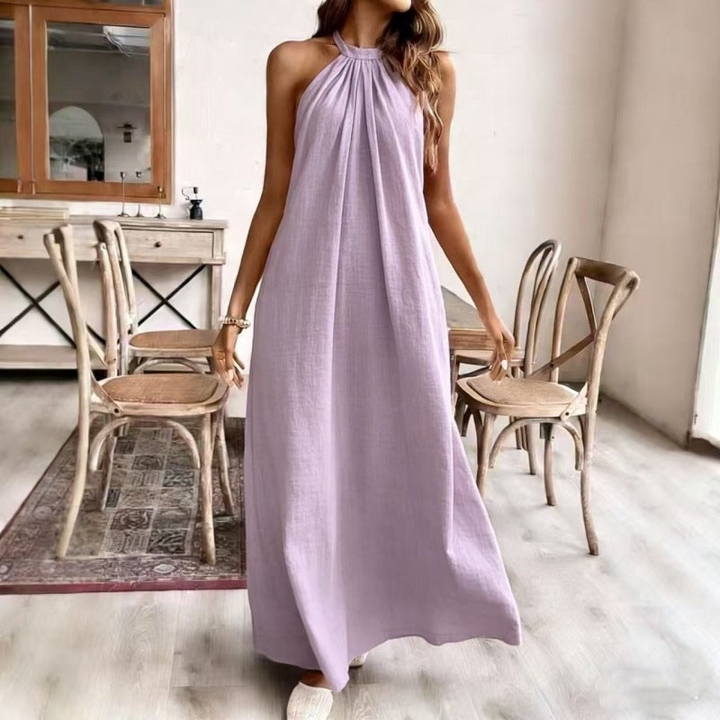 Elegant Solid Color Loose Fashion Halter Backless Long Dress for Women