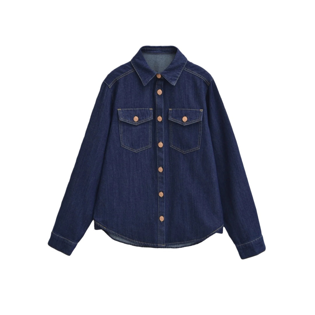Style Retro Turn-Down Collar Single-Breasted Denim Long Sleeve Shirt Women's Design Sense Curved Hem Loose Casual Top