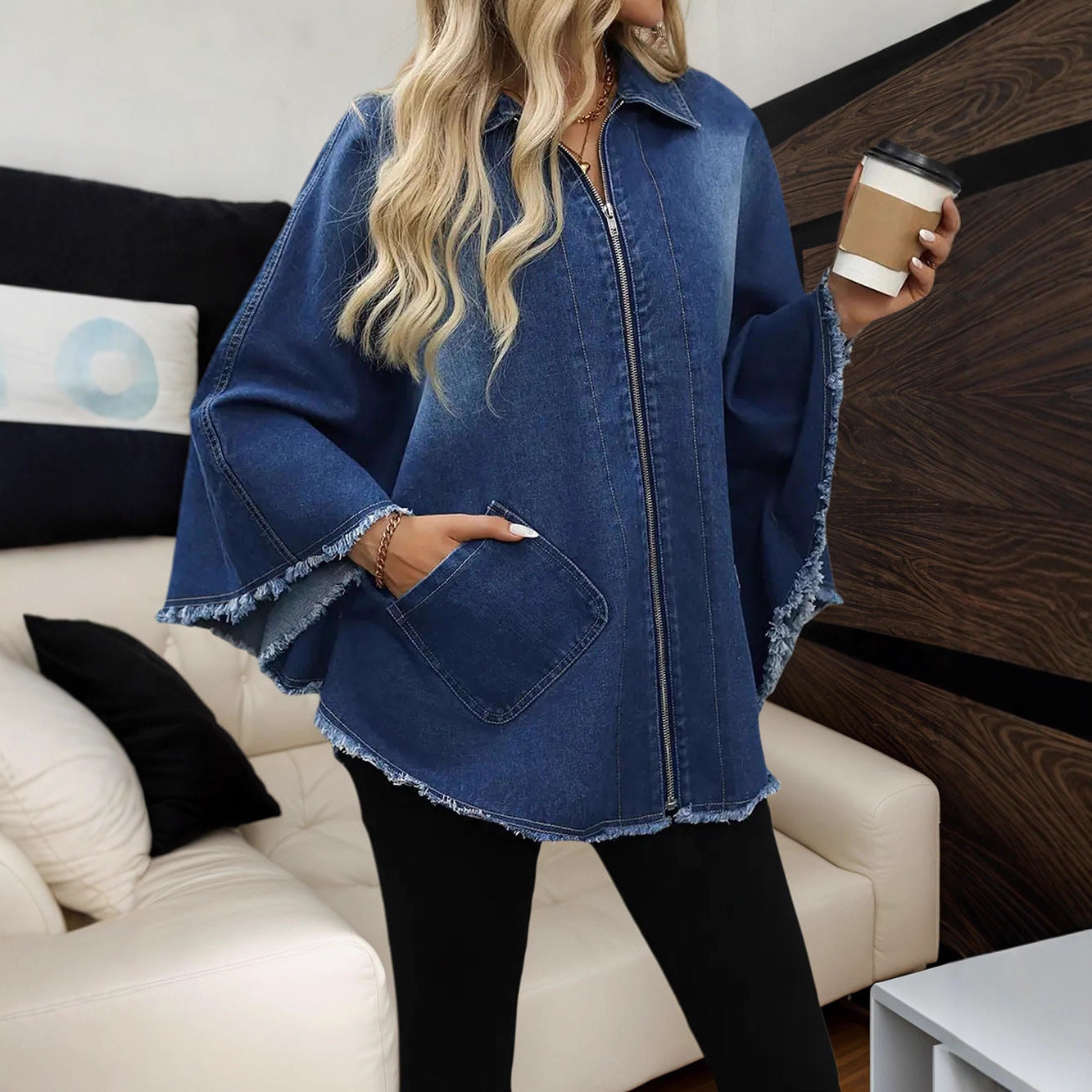 Women's Denim Jacket Fashion Loose Turn-down Collar Batwing Sleeve Jacket Outerwear
