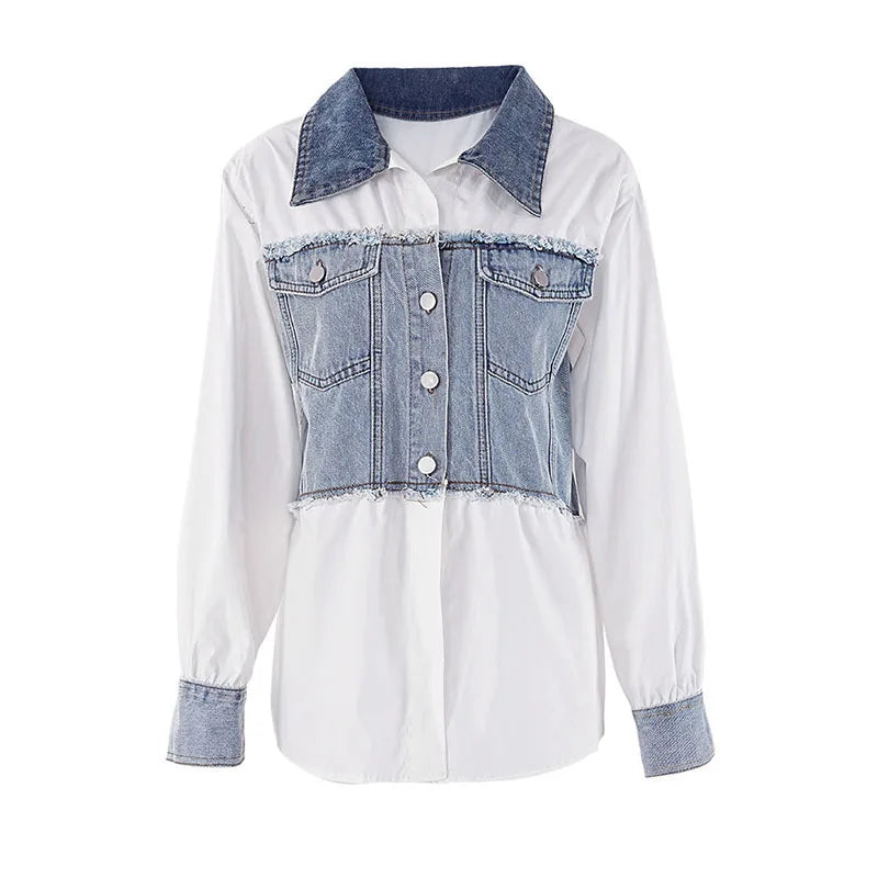 Fashion Women's Denim Spliced Shirt Loose Lapel Long Sleeves Single Breasted Tassel Blouse Autumn New Items