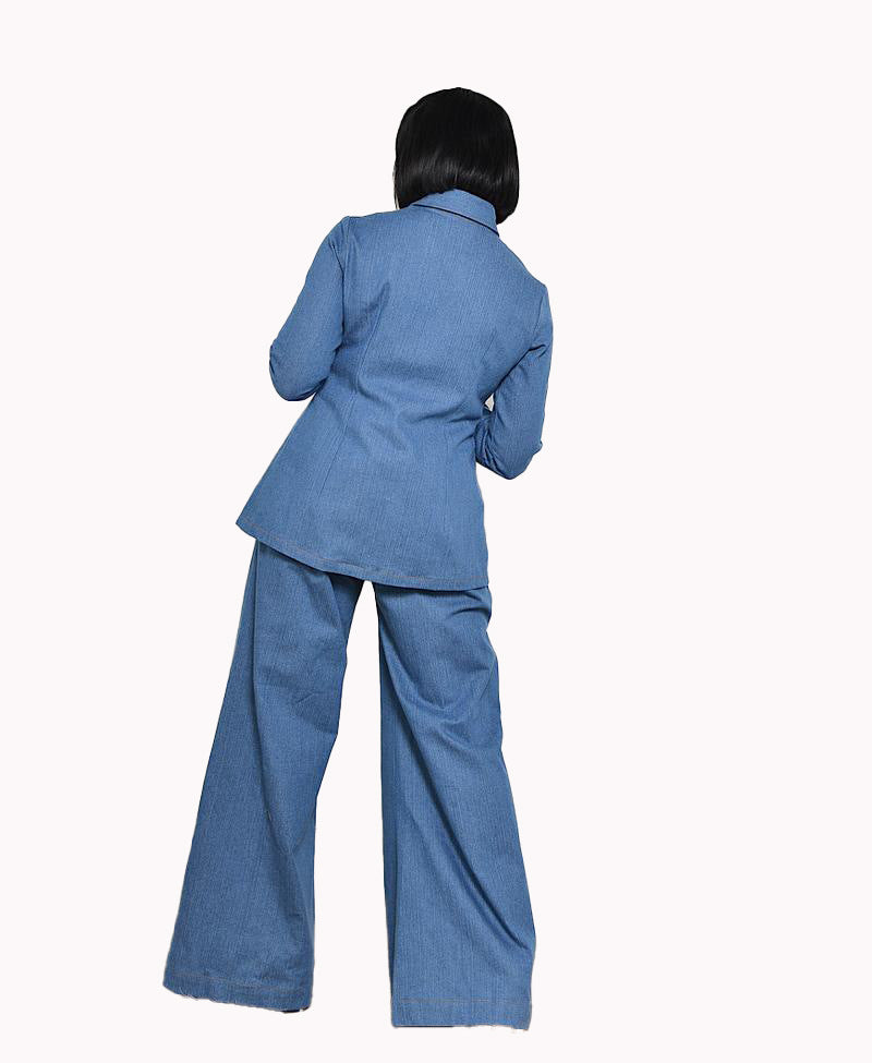 New European And American Style Women's Shirts Open Chested Faux Denim Top And Pants Two Piece Suit